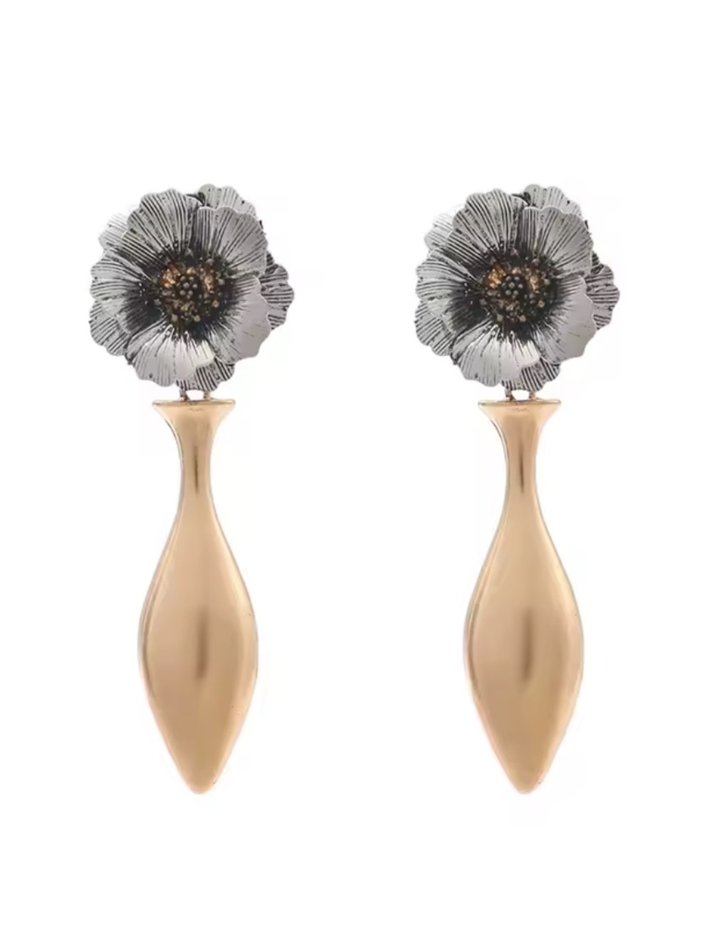 2 tone unique Gold and Silver Floral Drop Earrings